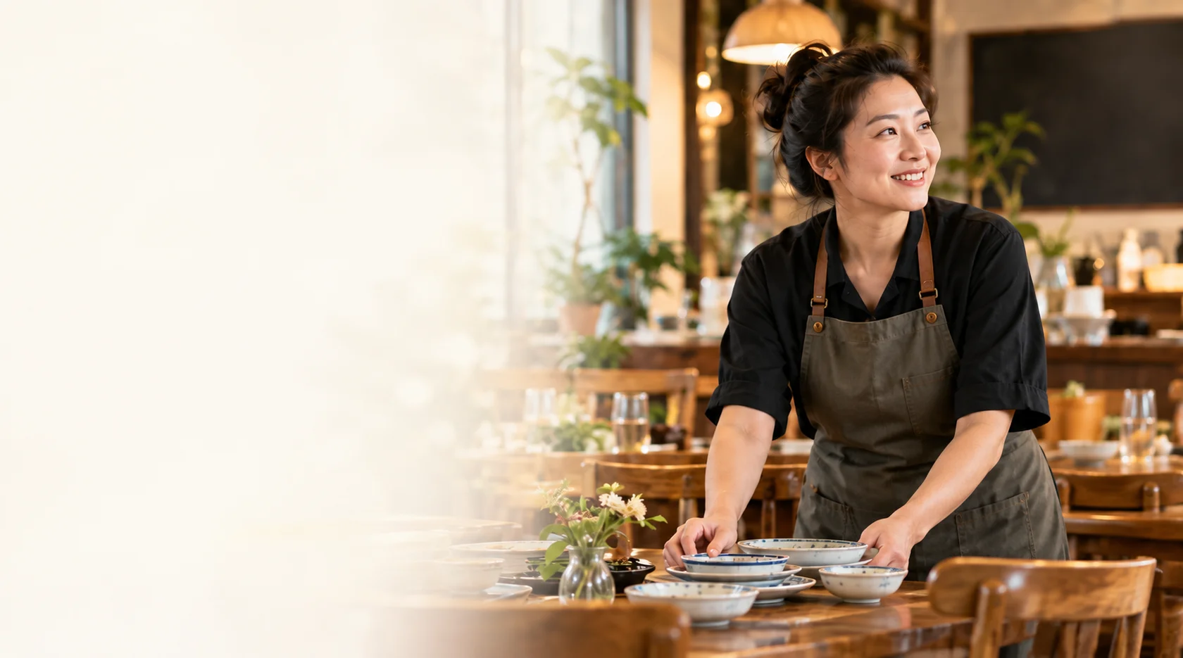暖光门店里，一位经营者在餐桌旁迎接新的一天。