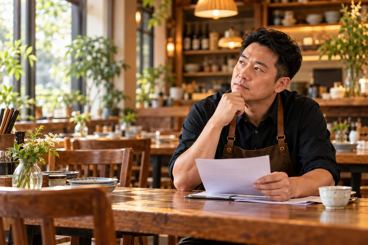 一位门店经营者在营业间隙思考日常工作。